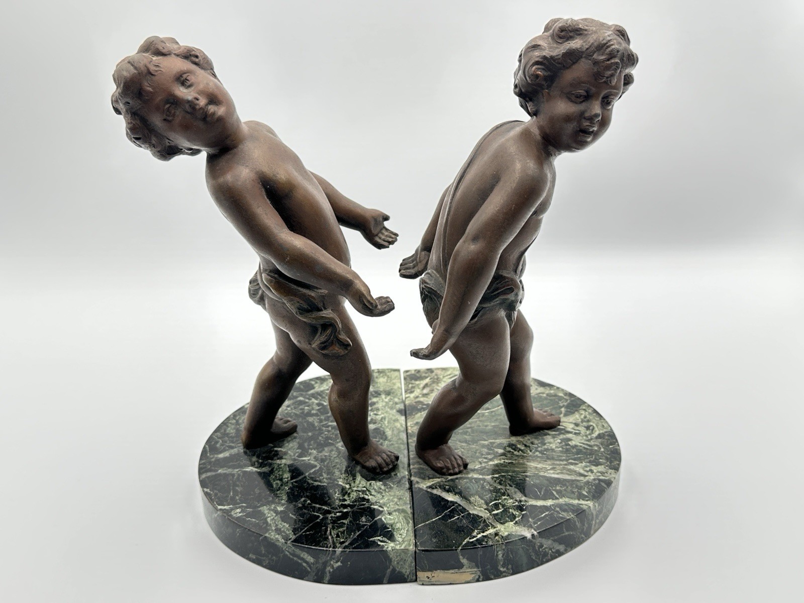 Vintage French Spelter Putti Cherub Companion Pair Green Marble Bases Paris
