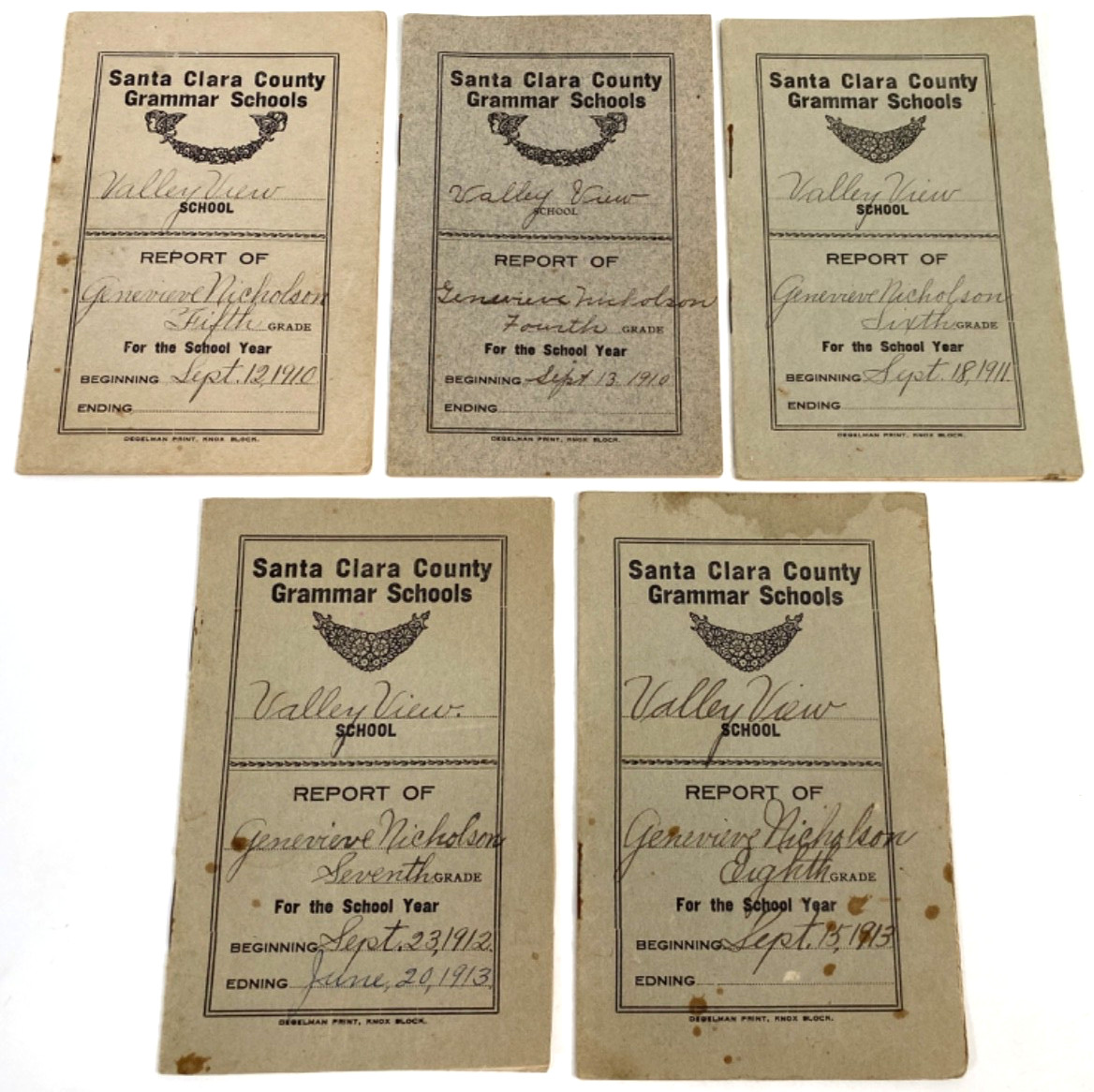 1910-1913 SANTA CLARA COUNTY GRAMMAR SCHOOLS, CALIFORNIA - lot five report cards