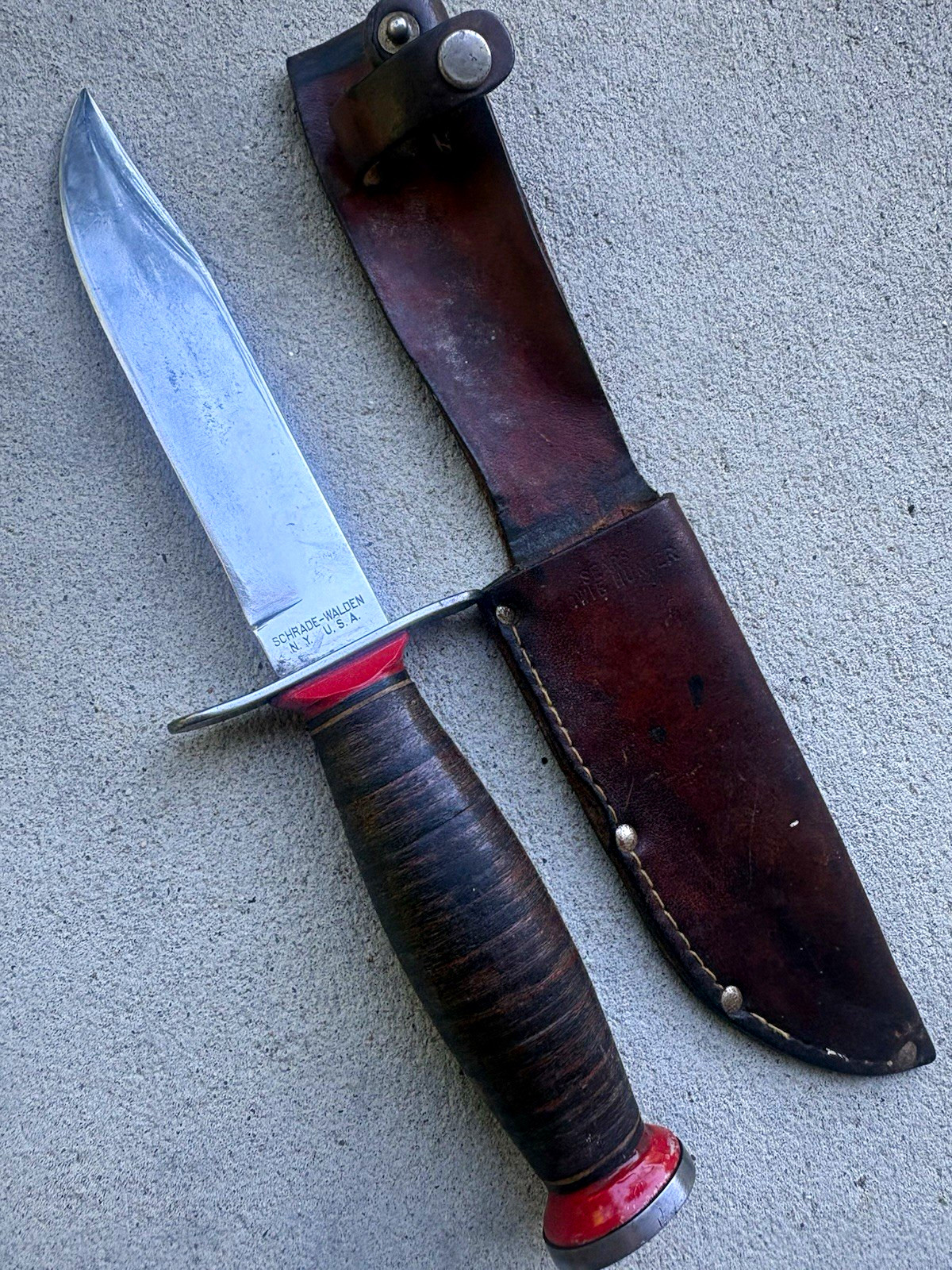 Vintage 1946-73 Schrade Walden USA sears bowie hunter Knife w/Sheath nice shape Vintage 1946-73 Schrade Walden USA sears bowie hunter Knife w/Sheath nice shape