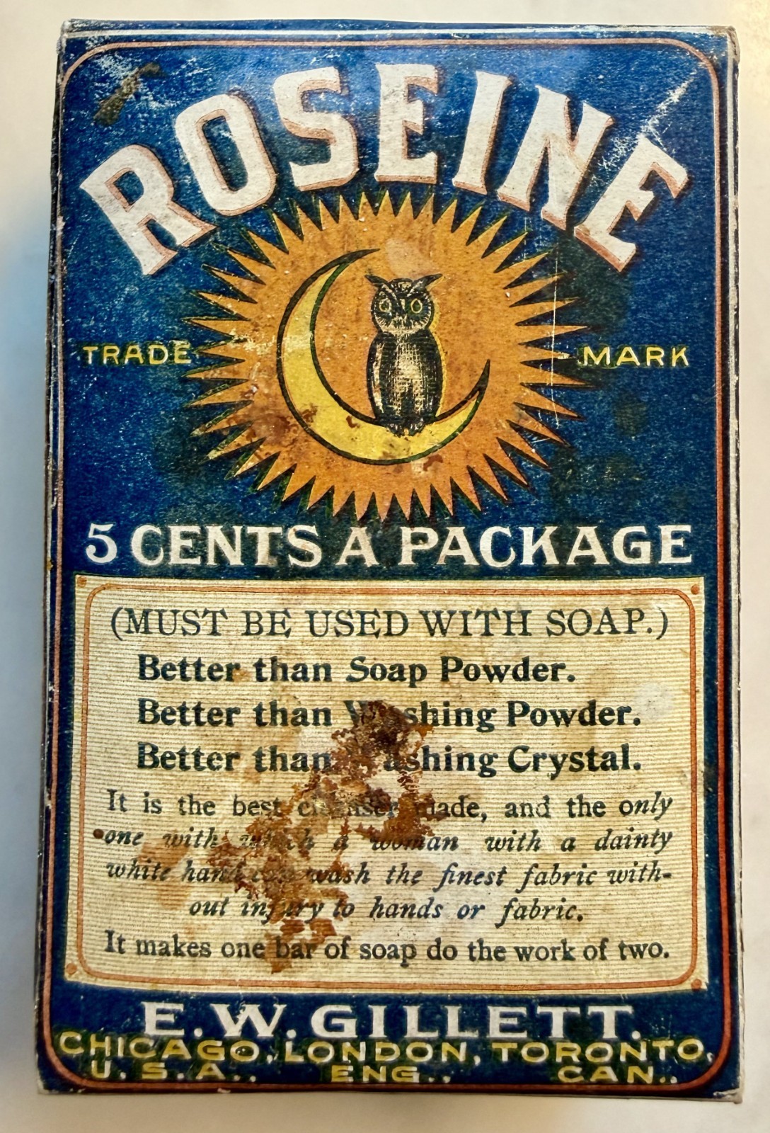 c1905-1915 Roseine E.W. Gillett Washing Compound Owl Moon Advertising Box