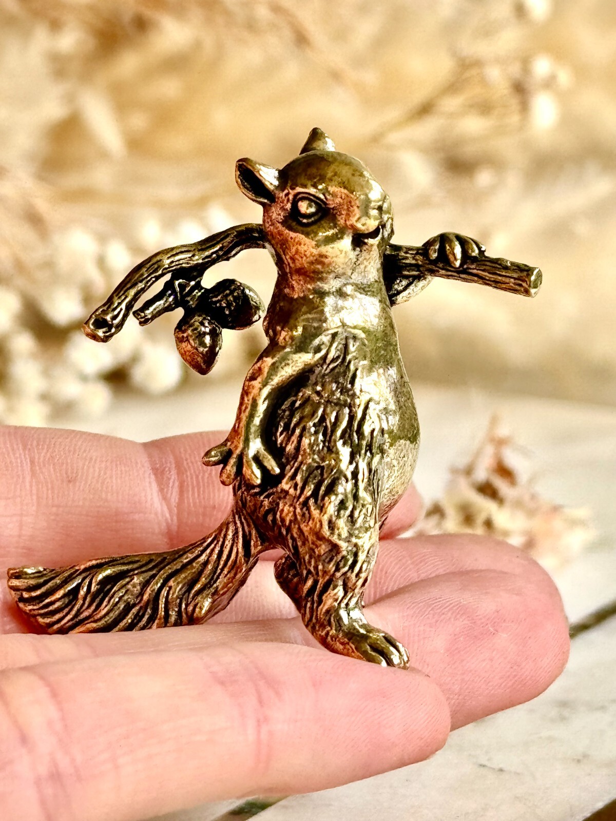 brass Squirrel Traveller Figurine with Acorns Whimsical Woodland Animal Miniatu