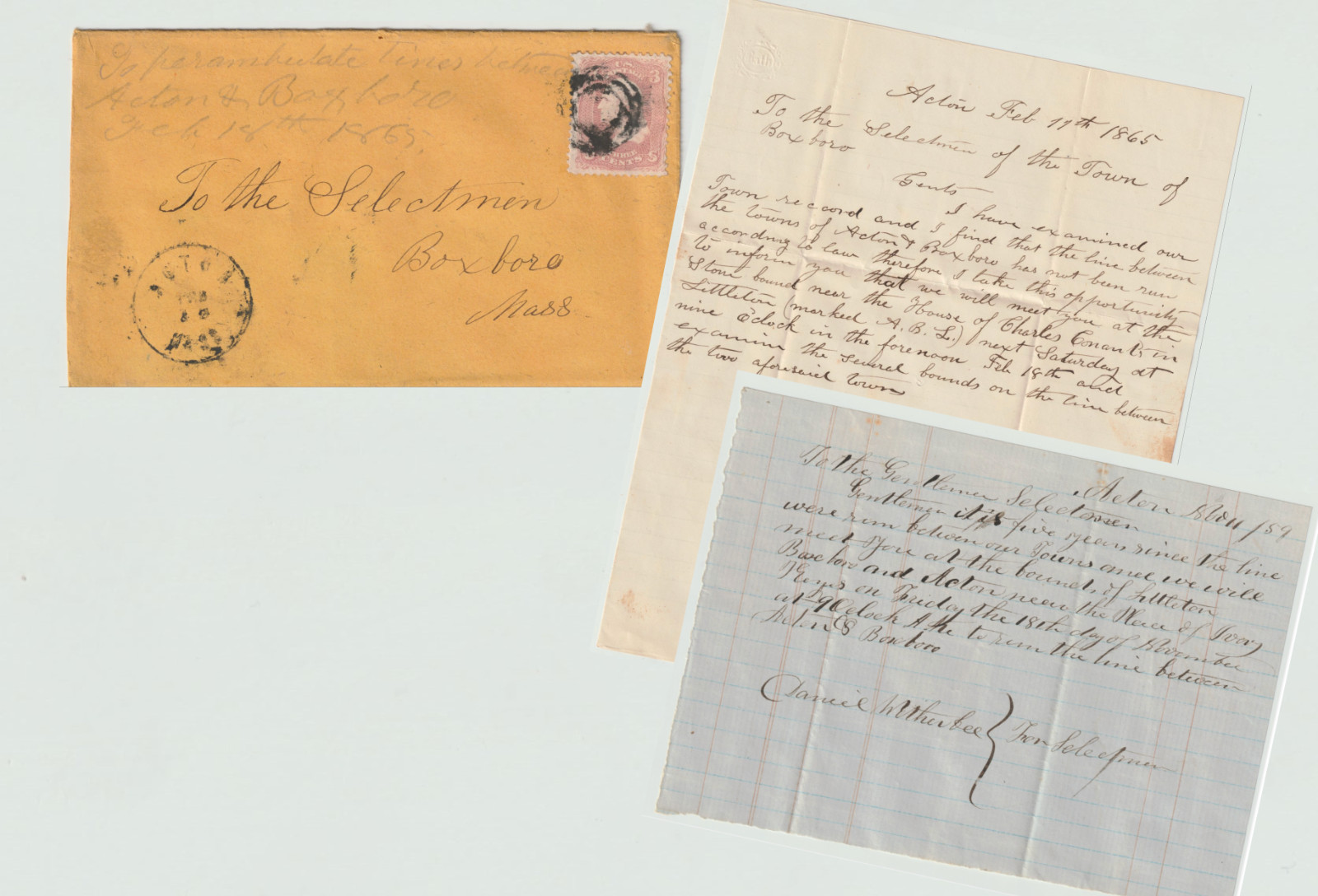 1859 Acton and 1865 Littleton Selectmen Letters, Perambulation with Boxborough