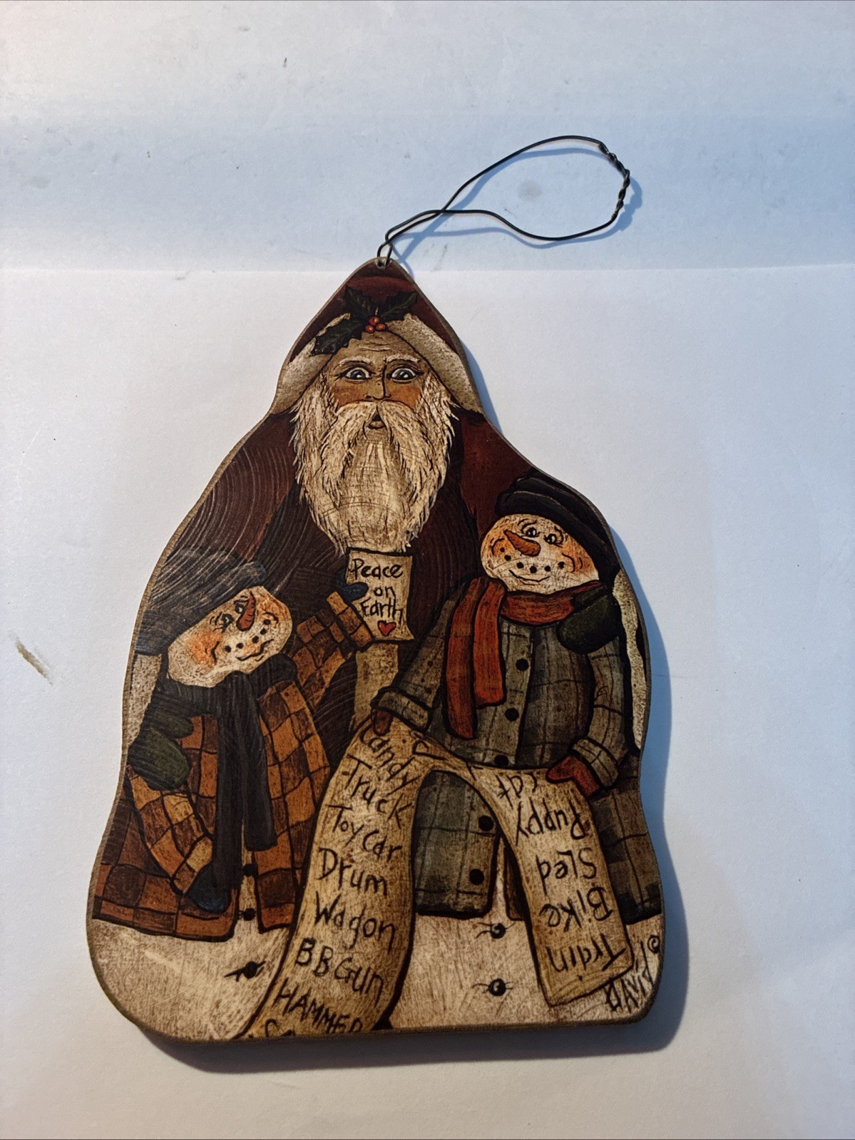 David’s David Harden Folk Art Primitive Santa Snowmen Tree Hanger Signed
