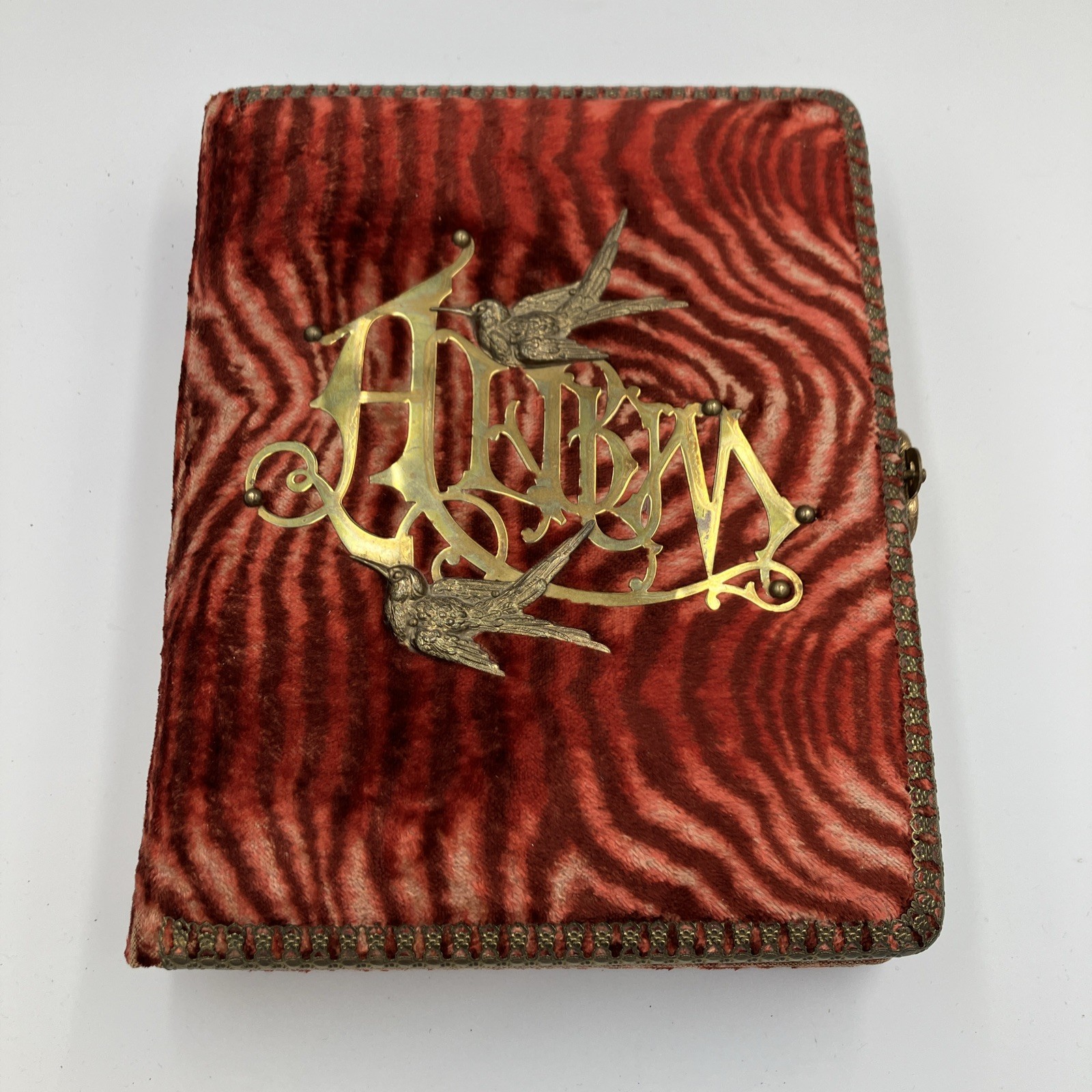 Antique Victorian Brass Art Nouveau Birds Velvet Photo Album Late 1800s | READ