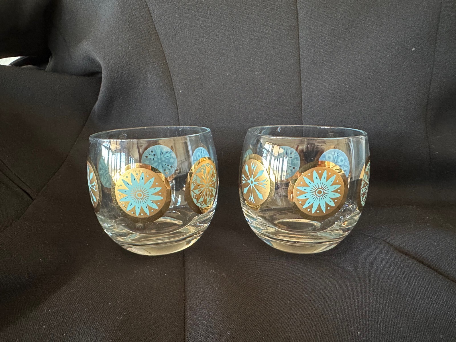 2 Culver Roly Poly Cocktail Glasses 8 oz Aqua Blue Gold Seville Pattern vintage