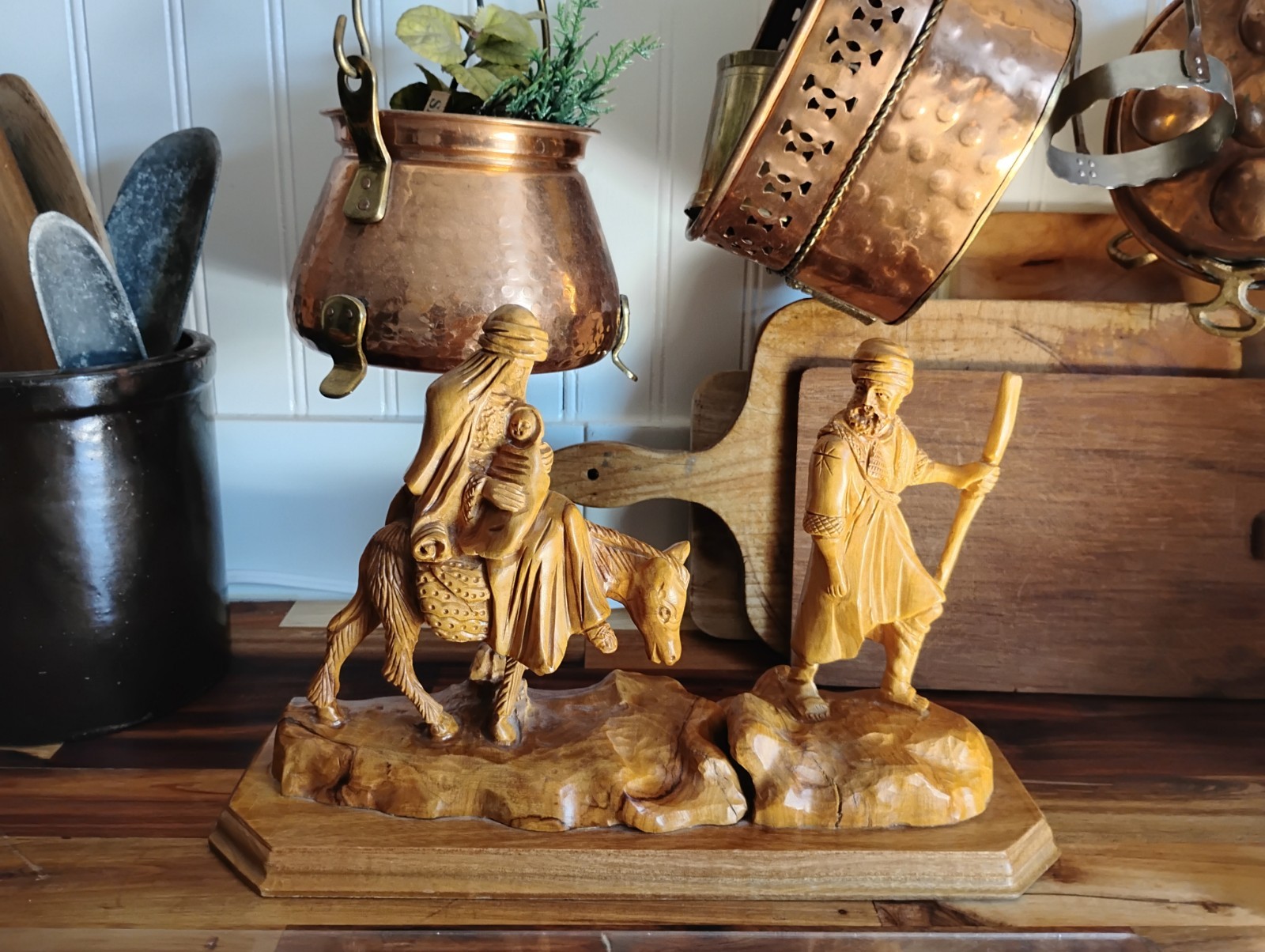Gorgeous Vintage HOLY FAMILY Flight Into Egypt-Donkey Carved Olive Wood Israel
