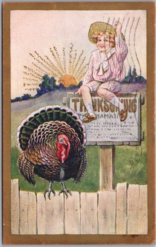 1909 THANKSGIVING Postcard Farm Boy Taunts Turkey from Proclamation Sign