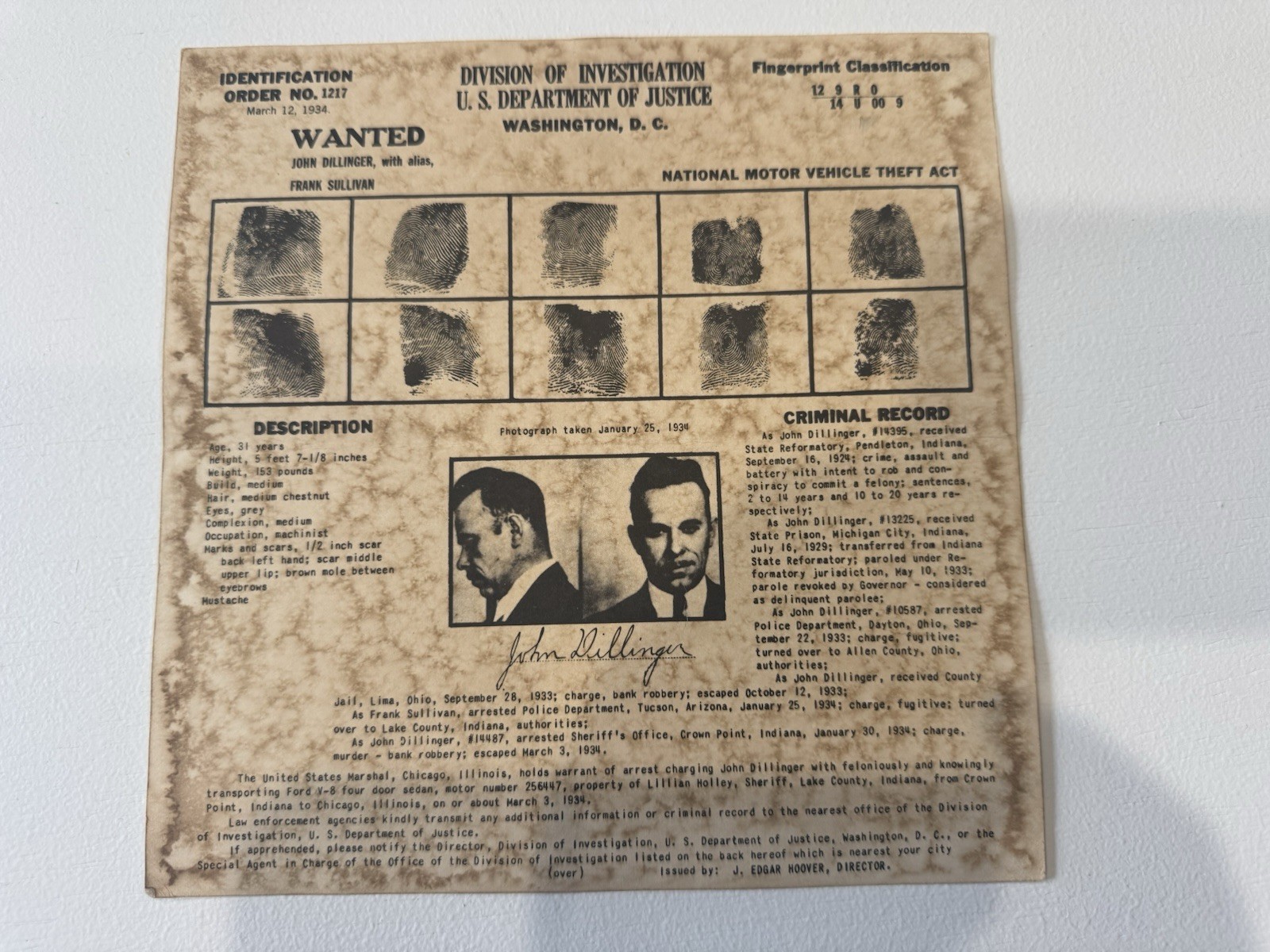 1934 DOJ Division of Investigation John Dillinger Wanted Fingerprint, Signed