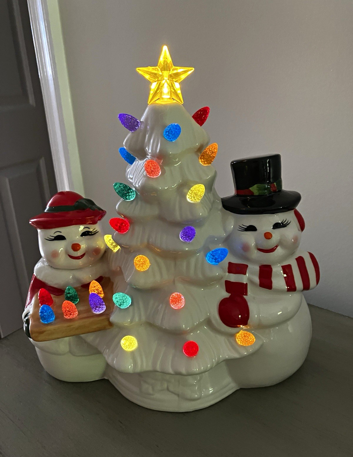 Illuminated Ceramic Christmas Tree Snowman Figurine Multicolor Lights