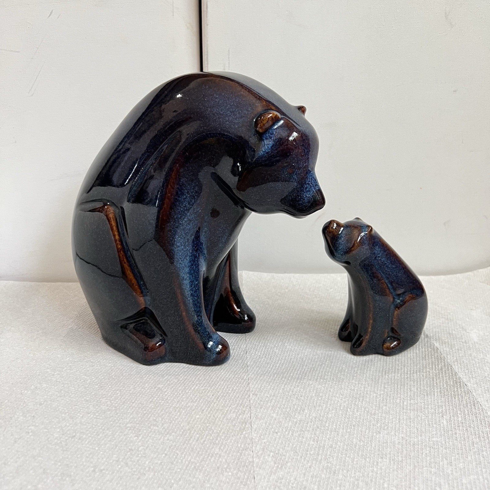 Mid Century Modern Ceramic Bear Scandinavian Purple Brown Glaze Mom And Cub