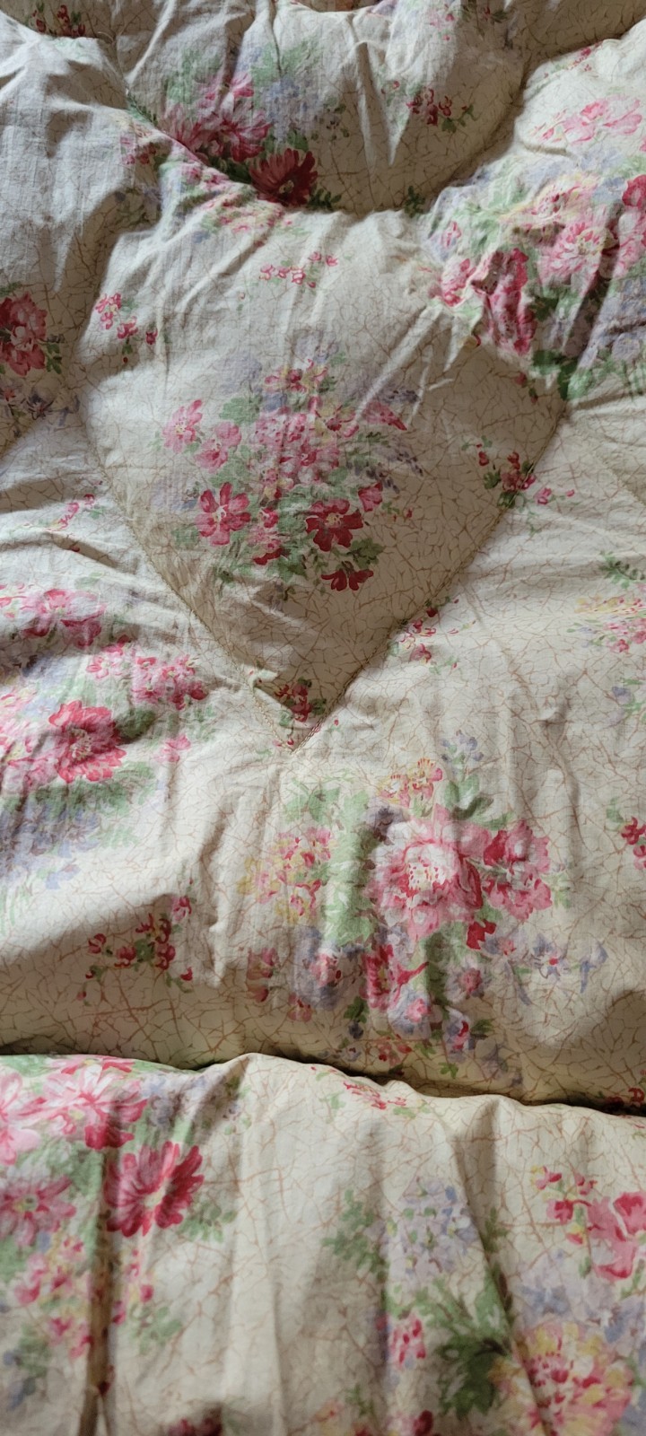 Sweet Vintage  Eiderdown Feather Quilt   Flower Bunches on Cream 44 x 60 inch 