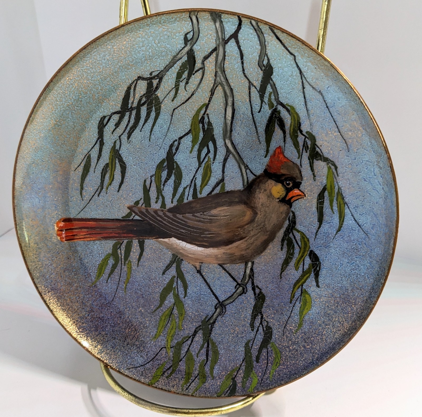 Vtg Serge Nekrassoff Stamped Enamel Over Copper Female Cardinal 6.5