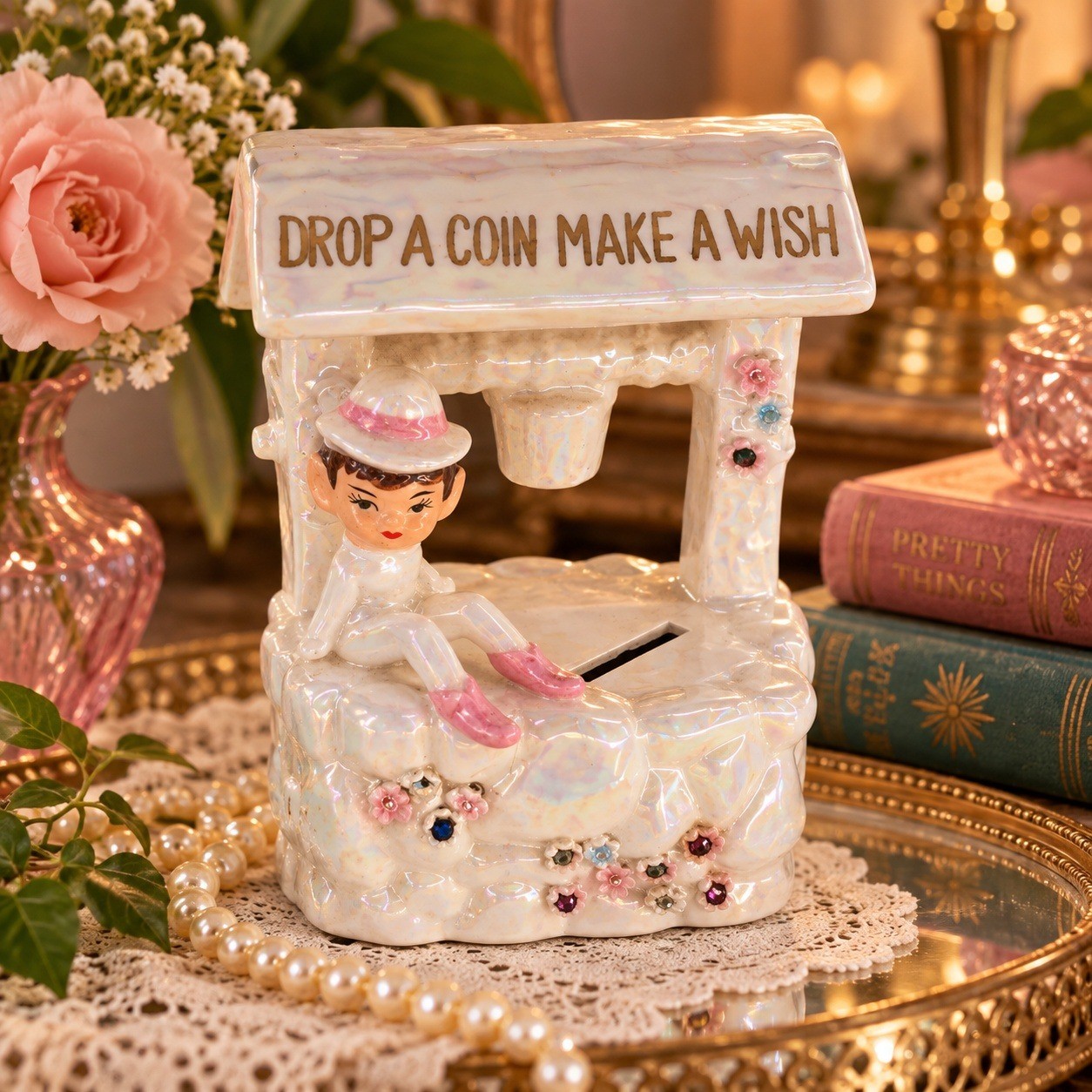 Vintage 1950s Japan Lusterware Pixie Wishing Well Coin Bank Pearlescent Ceramic