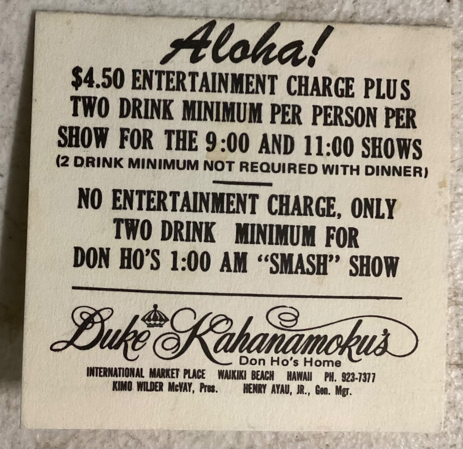 Vintage 1960s Duke Kahanamoku’s Lounge Table Advertisement Don Ho Waikiki Hawaii