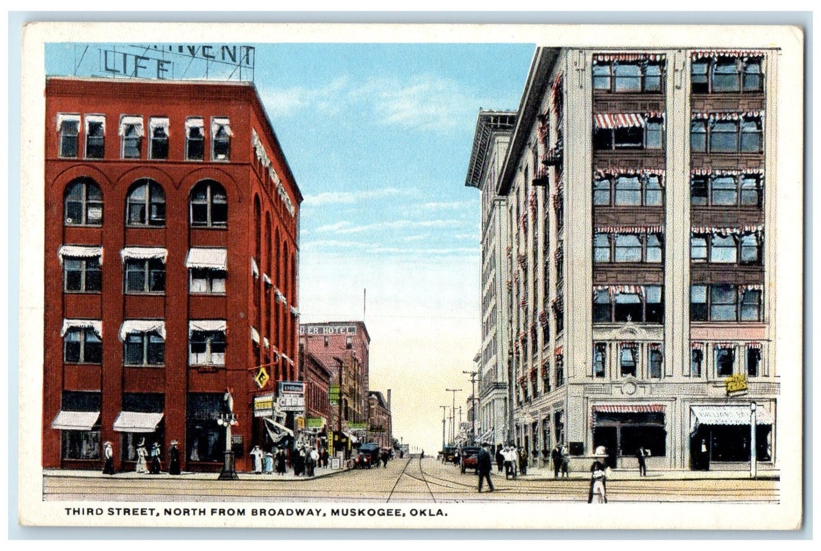 c1930s Third Street North From Broadway Hotel Cafe Muskogee Oklahoma OK Postcard c1930s Third Street North From Broadway Hotel Cafe Muskogee Oklahoma OK Postcard