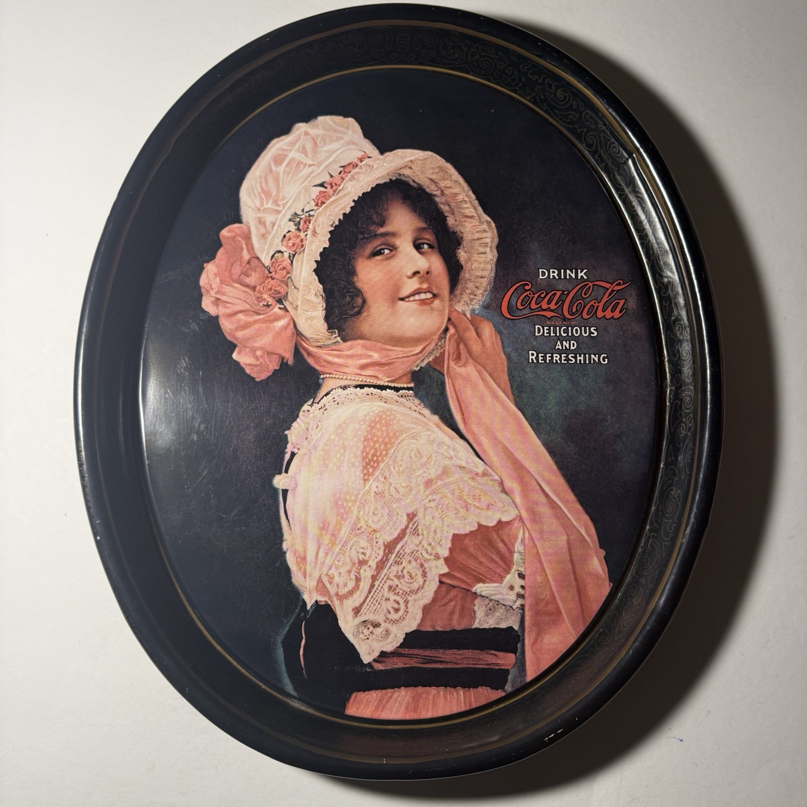 1972 Vintage COCA COLA Metal Tin TRAY 1914 BETTY Beautiful Pink Dress & Hat
