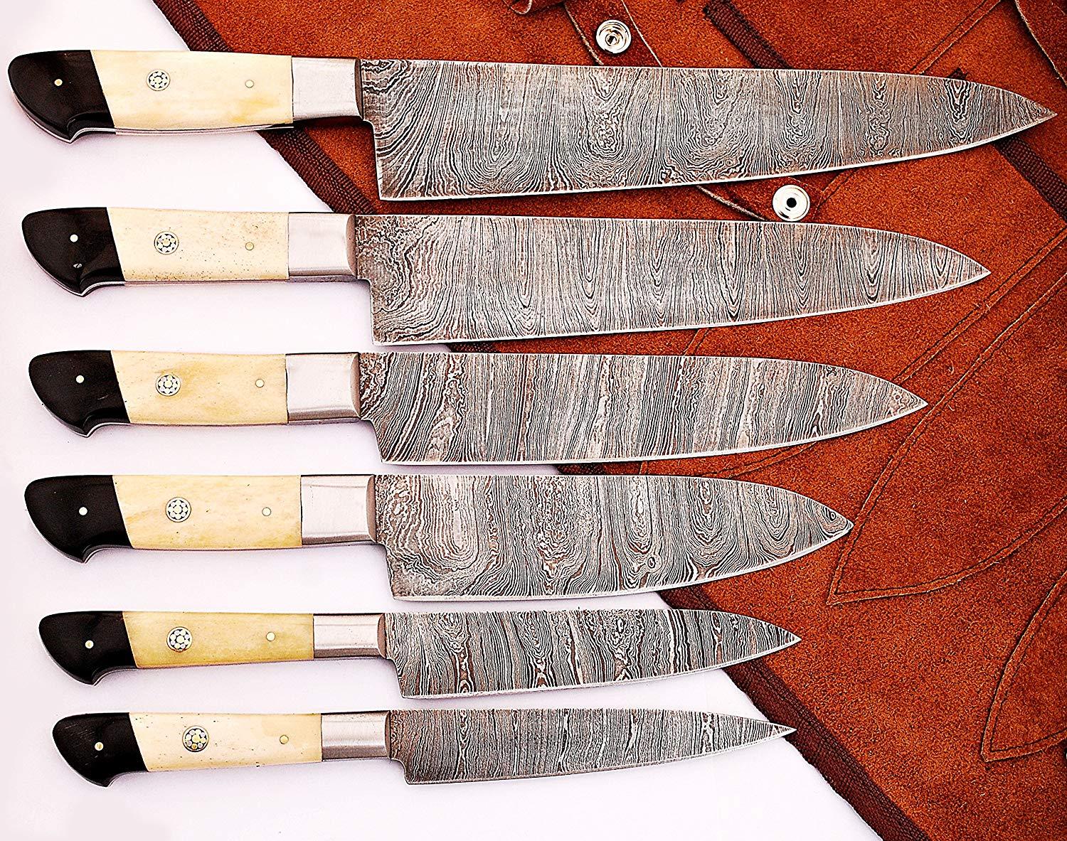 6 Pc\'s Beautiful Custom hand made Damascus steel Chef knife Set. (ZE-1071-BH+RB)