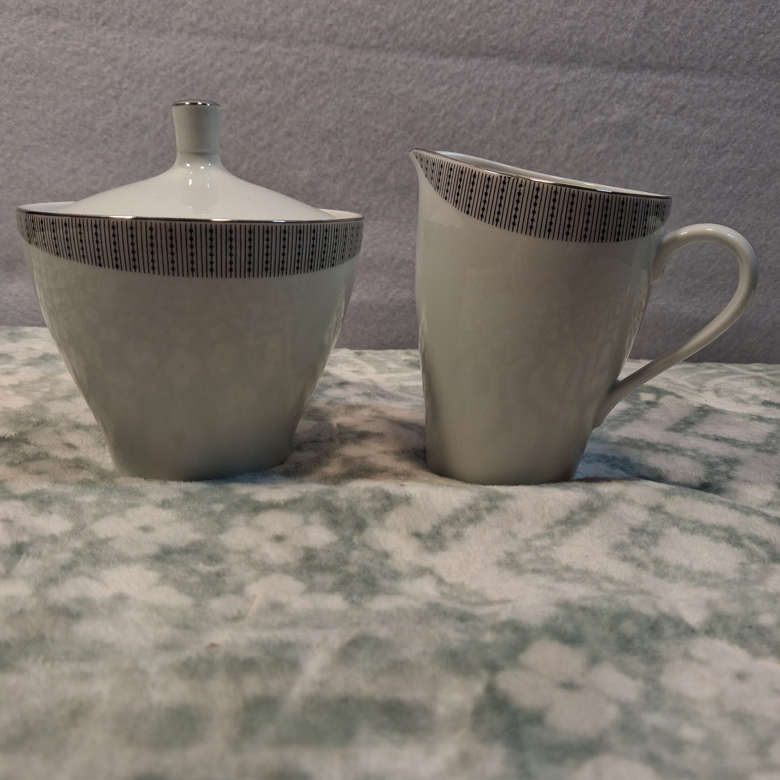 Rare Mikasa Flair 5675 Creamer Sugar Bowl Set Platinum Gray Geometric Japan Vtg