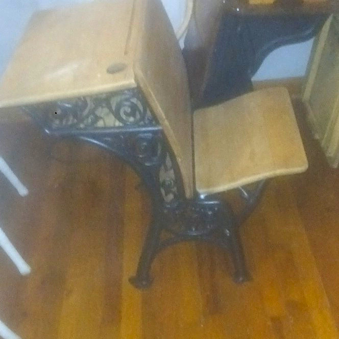 Vintage School Desk w/ Attached Seat, Cast Iron Base, Wood Top, School Theme Vintage School Desk w/ Attached Seat, Cast Iron Base, Wood Top, School Theme