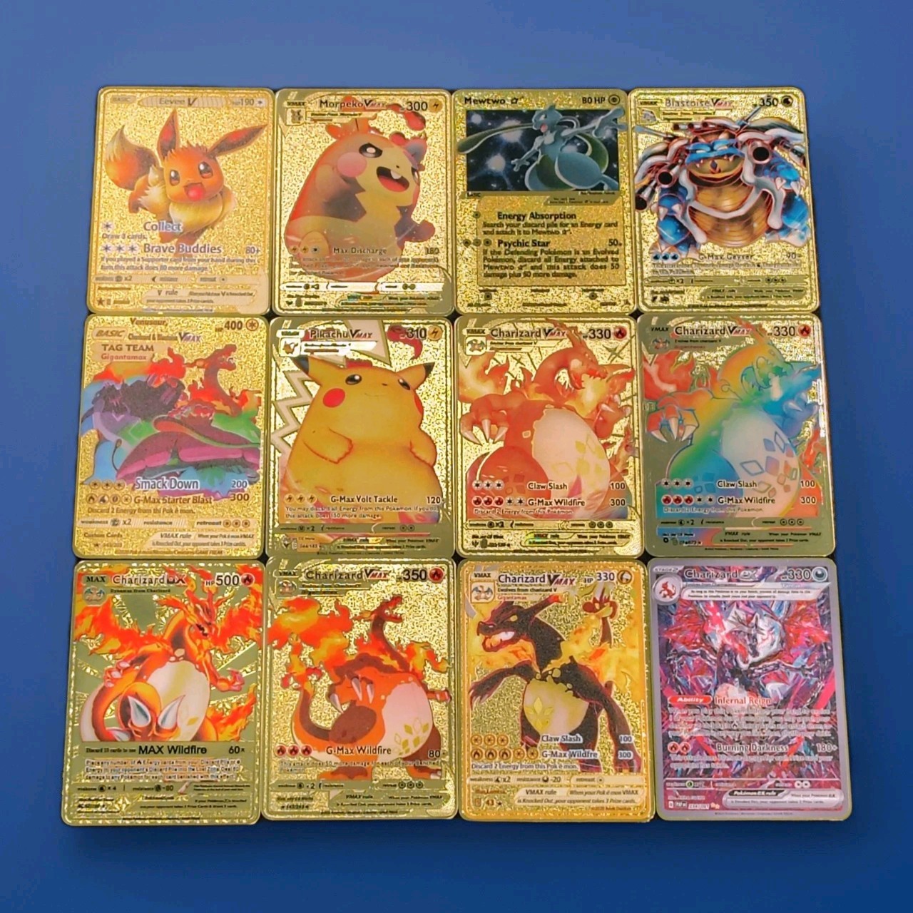 Charizard Pikachu Eevee Blastoise Mewtwo Ex GX VMAX Solid Metal Custom Set Of 12 Charizard Pikachu Eevee Blastoise Mewtwo Ex GX VMAX Solid Metal Custom Set Of 12
