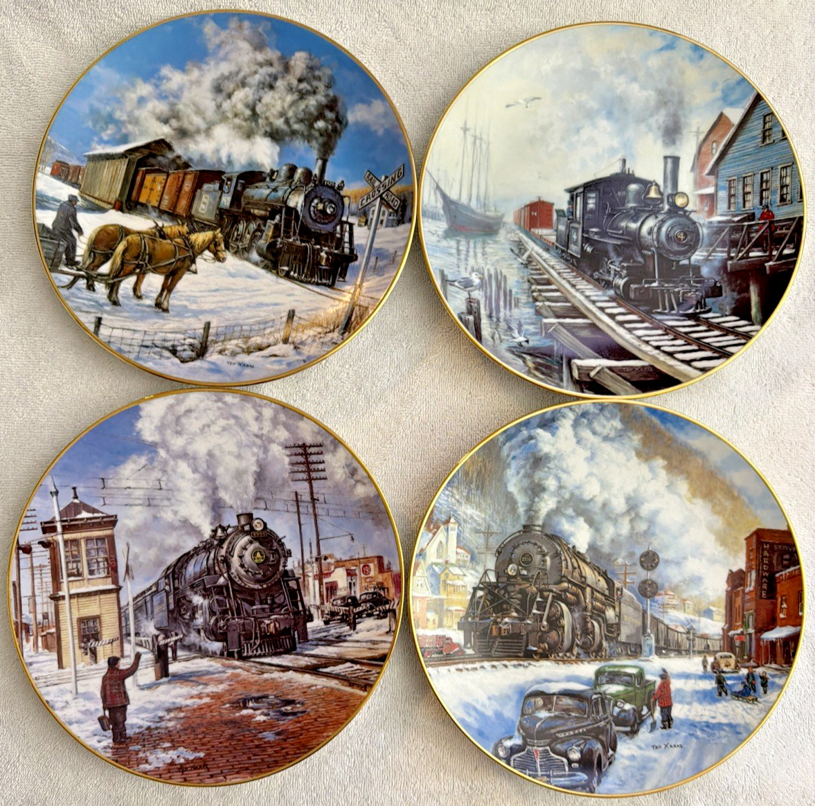 Hamilton Collection Winter Rails Train Plates Lot 4 Ted Xaras Steam COA Box 8.25