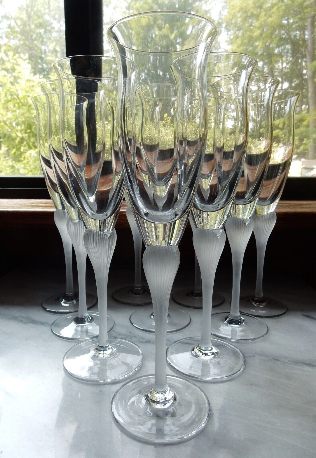 SET 10 Mikasa Crystal Stemware Fluted Champagne Glasses Sea Mist Frost Stem