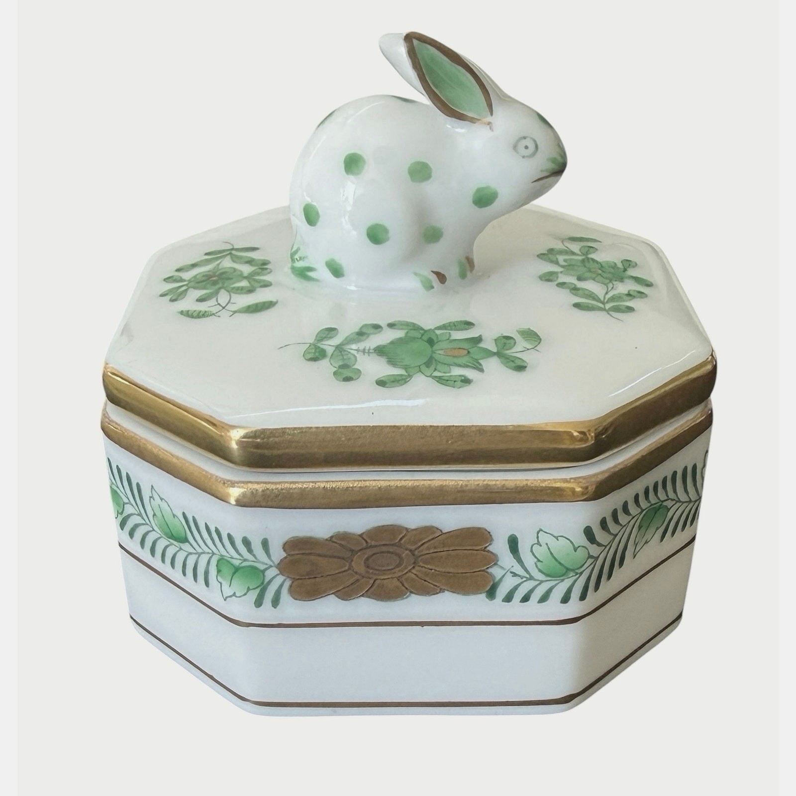 Herend Chinese Bouquet Green 6020 Rabbit Bunny Trinket Ring Box Hungary Vintage