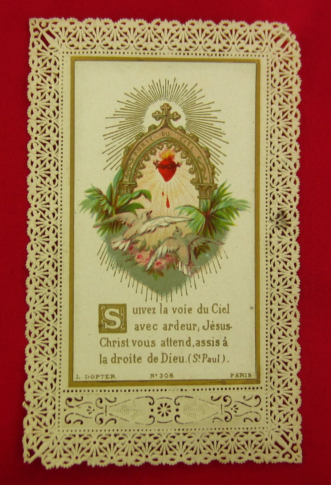 Antique SACRED HEART Lace Holy Card GATE OF HEAVEN French L. Dopter Paris 1899 Antique SACRED HEART Lace Holy Card GATE OF HEAVEN French L. Dopter Paris 1899