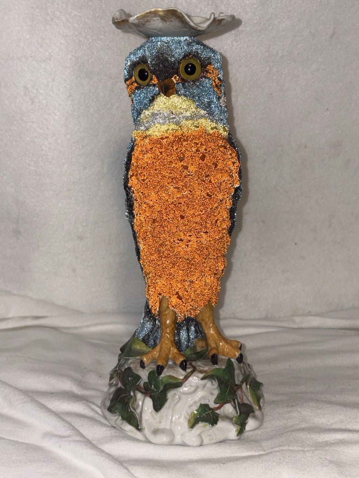 Antique 1890s Sitzendorf Porcelain Coralene Kingfisher Bird Oil Lamp Base 10.5\