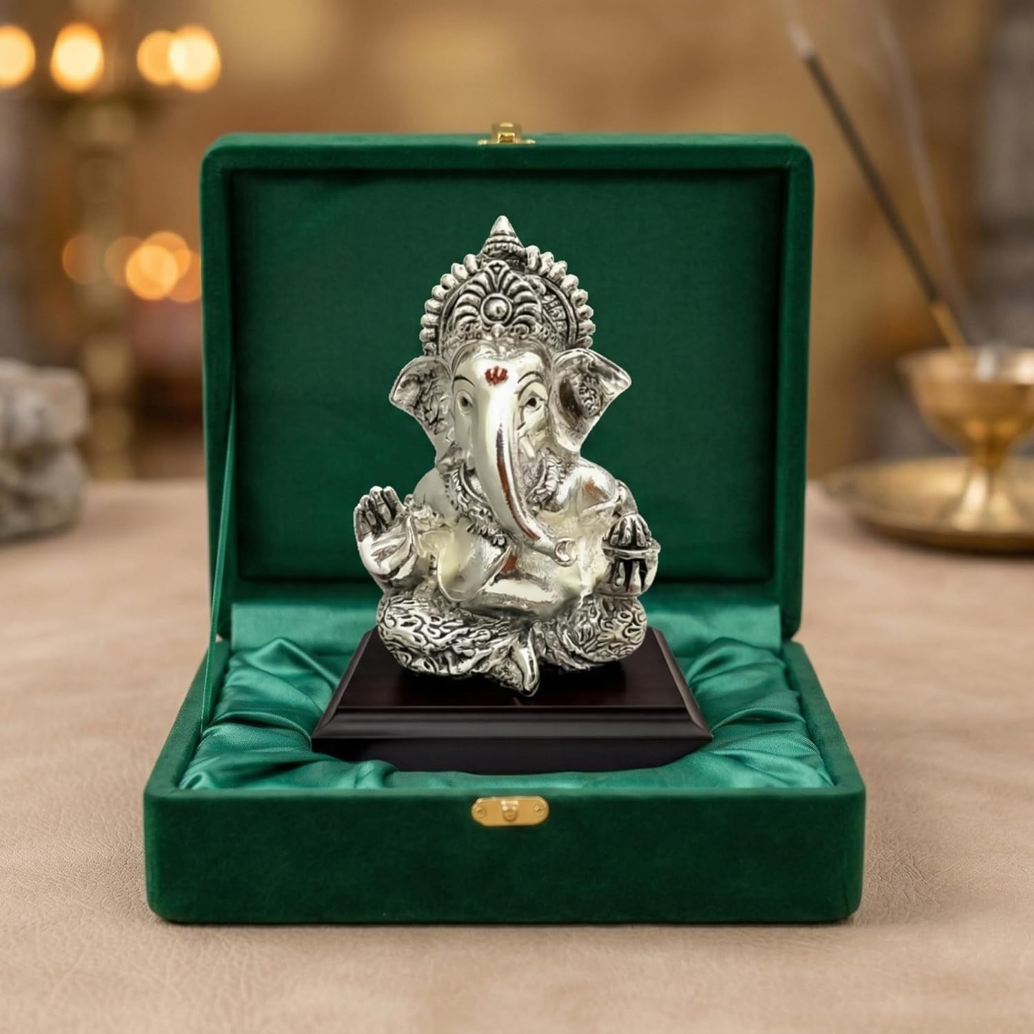 999 Silver Plated Lord Ganesha Idol Sitting with Intricate Detailing - Vighnahar