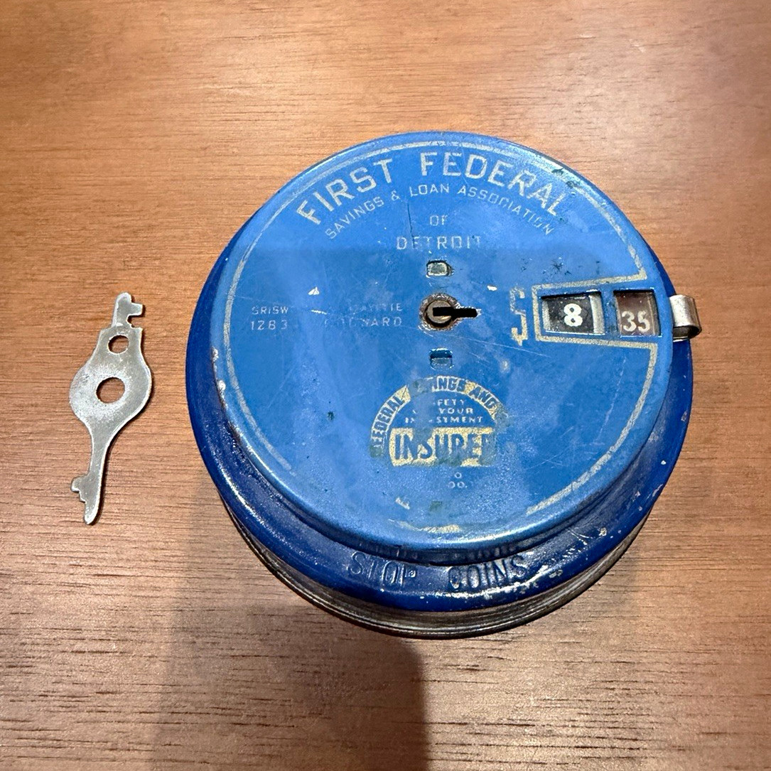 First Federal Savings & Loan Assoc of Detroit Blue Mechanical Coin Bank w/ Key First Federal Savings & Loan Assoc of Detroit Blue Mechanical Coin Bank w/ Key