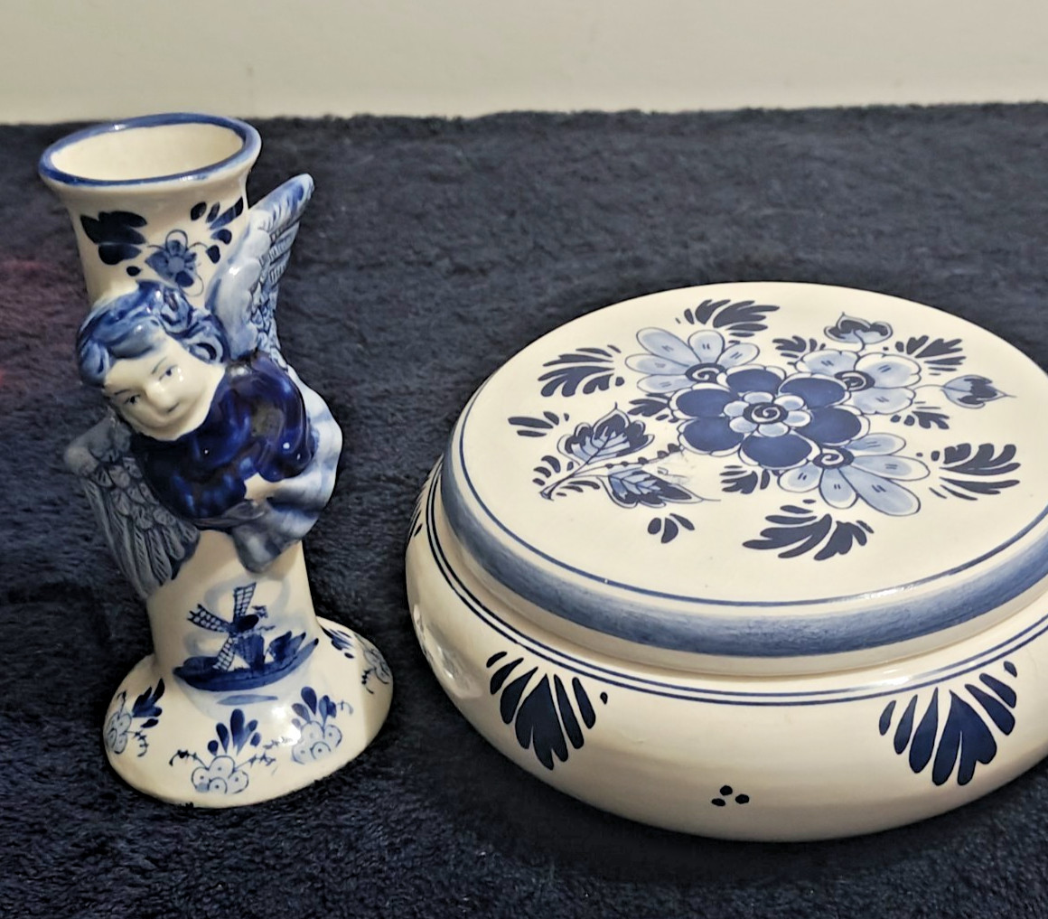 Vtg. Hand-Painted Delft Dresser Jar & Candleholder Marked Vtg. Hand-Painted Delft Dresser Jar & Candleholder Marked