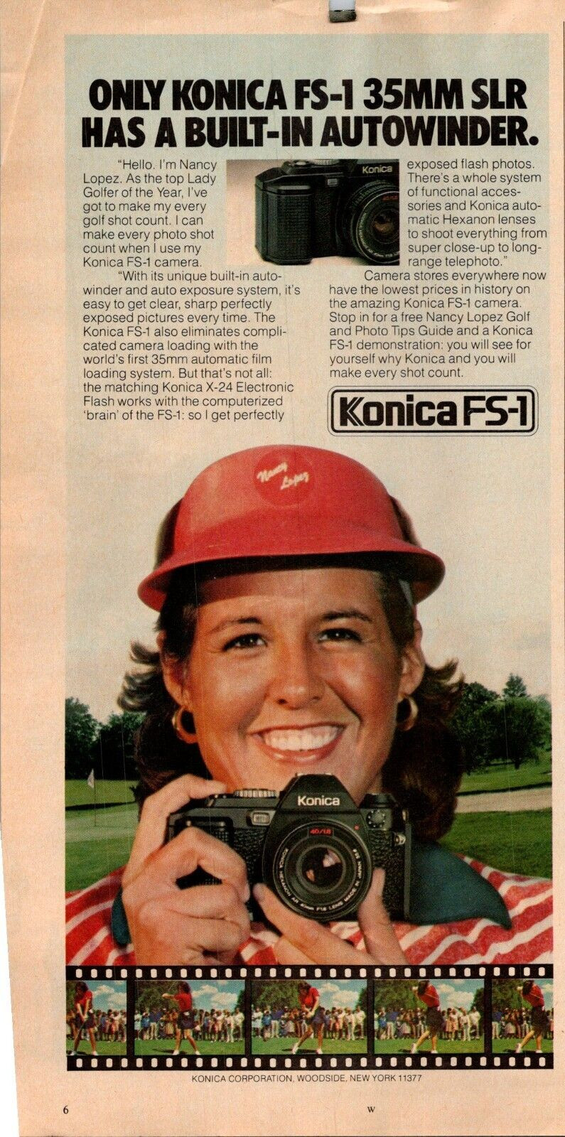 * VTG Retro Ad Konica FS-1 Camera Autowinder 35 MM SLR Nancy Lopez 1980 1/2-pg