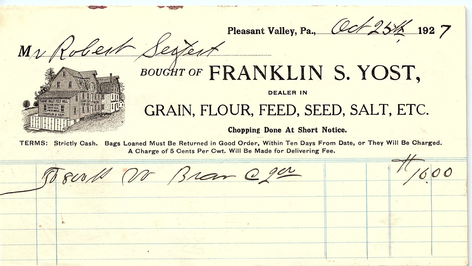 1927 Pleasant Valley PA Franklin S. Yost Grain Billhead