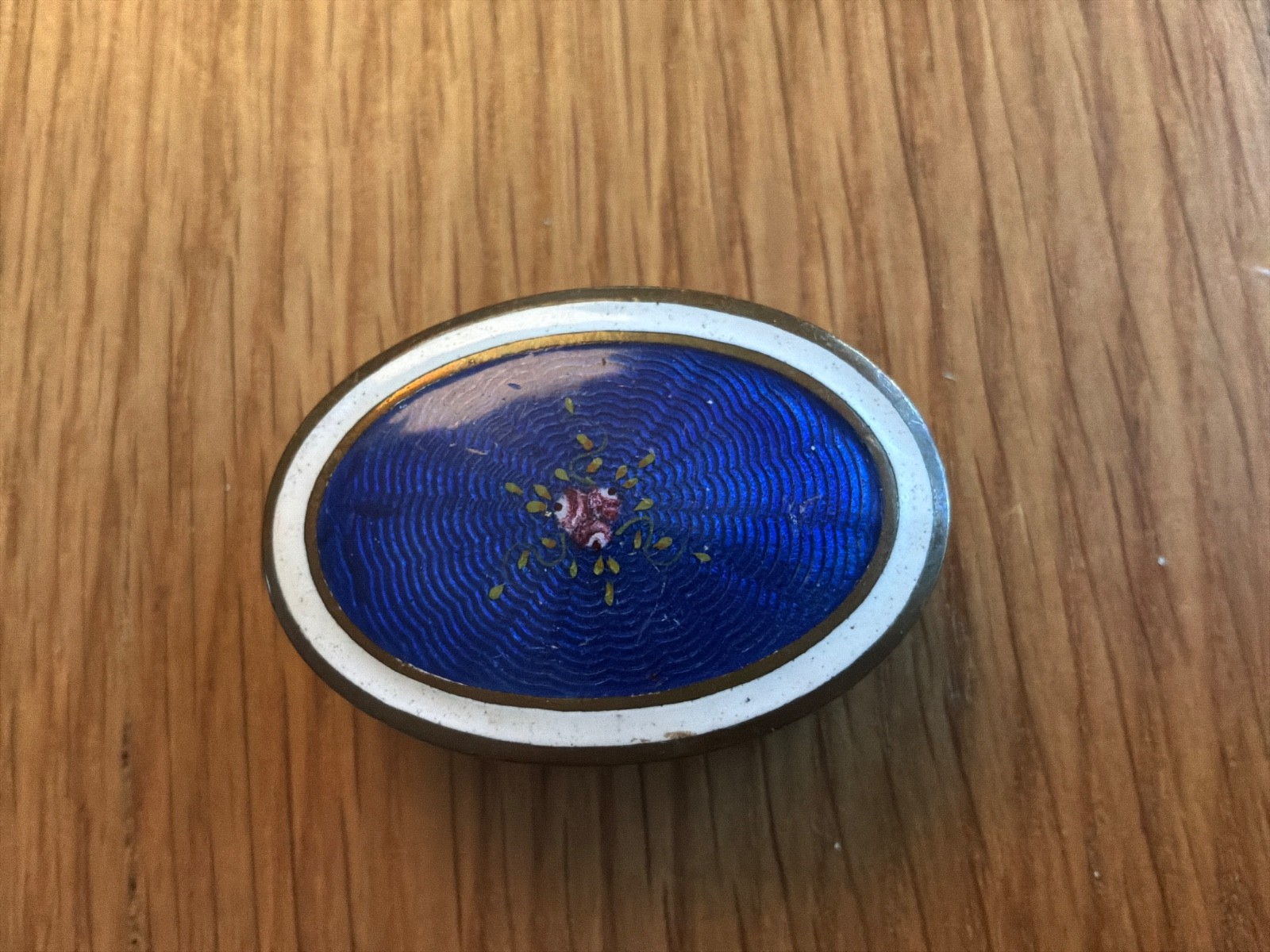 Antique Guilloche Enamel Gilt Brass Pill Trinket Box Cobalt Blue Floral Oval