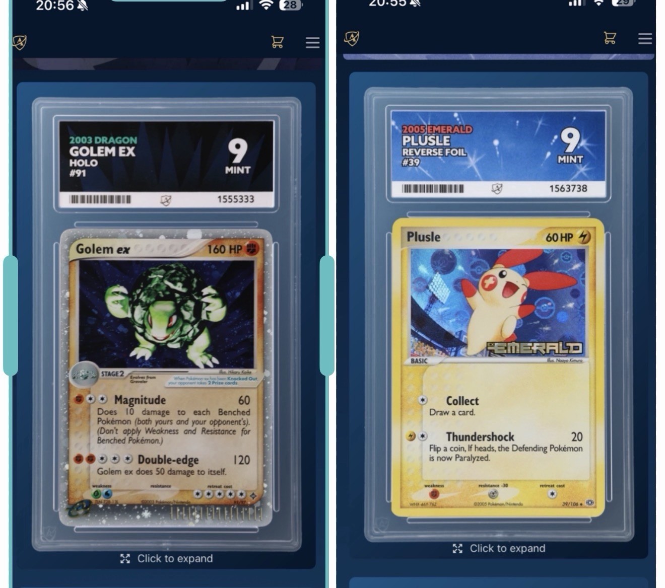 Ace 9 Plusle & Golem Graded Pokemon Cards