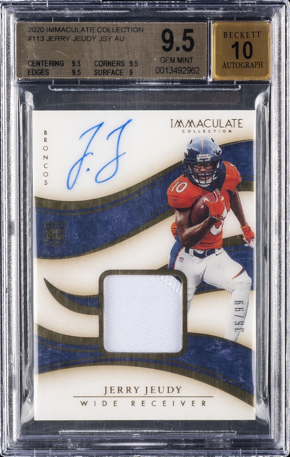 2020 IMMACULATE COLLECTION JERSEY AUTO /99 RC #113 JERRY JEUDY BGS 9.5