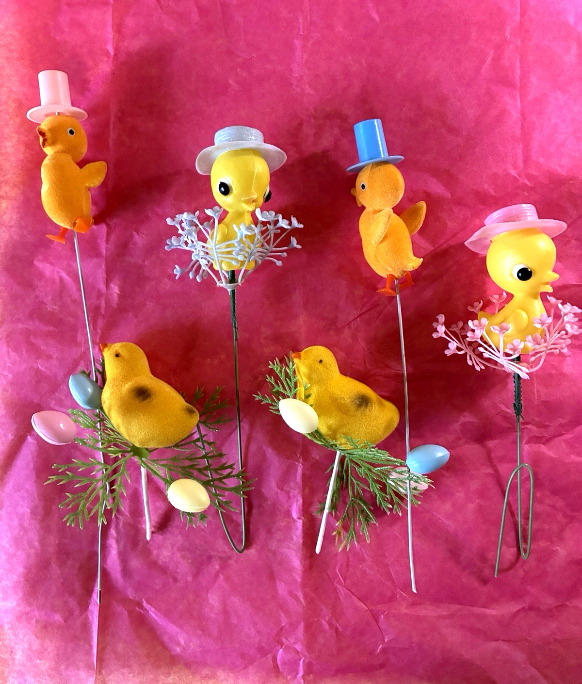 Flocked Florist Floral Planter Picks Easter Chicks Eggs Vtg Decorations 6pc Flocked Florist Floral Planter Picks Easter Chicks Eggs Vtg Decorations 6pc