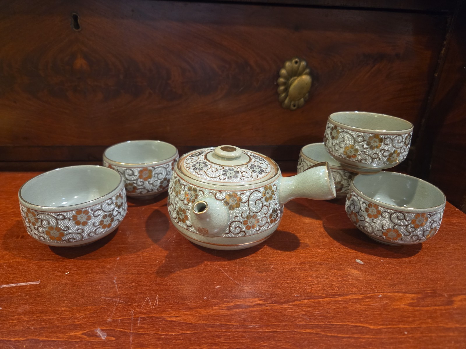 Vintage Japanese Kutani Shirochibu Tea Set Kyusu 5 Cups Gold Tessen Floral