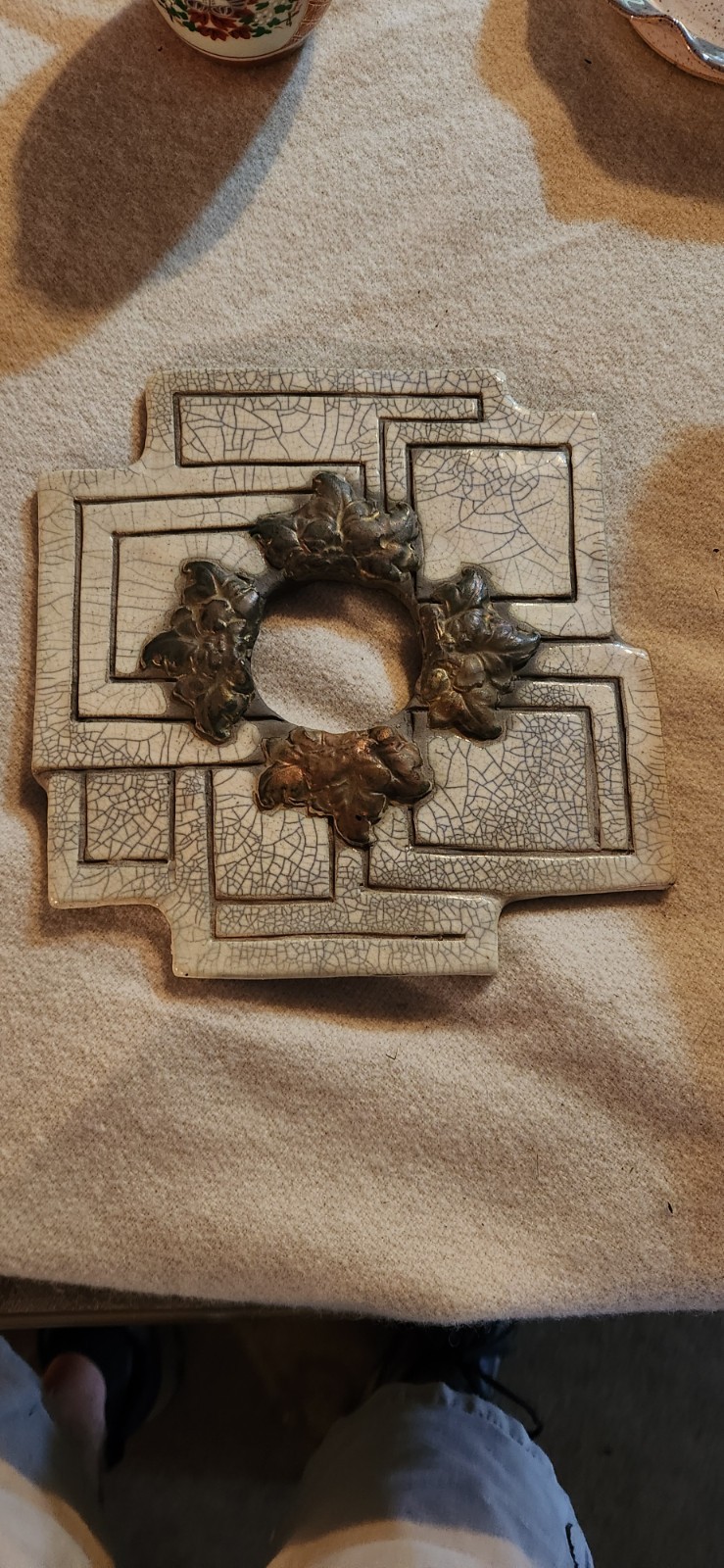 VTG Japanese Flower Frog Crackle Glaze Ceramic Geometric Floral