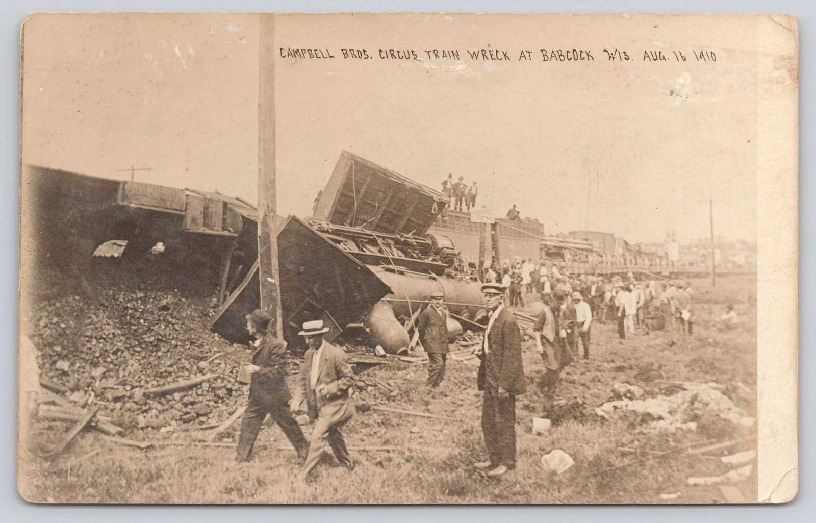 RPPC Campbell Bros Circus Train Wreck Babcock WI Aug 1910 Disaster Postcard
