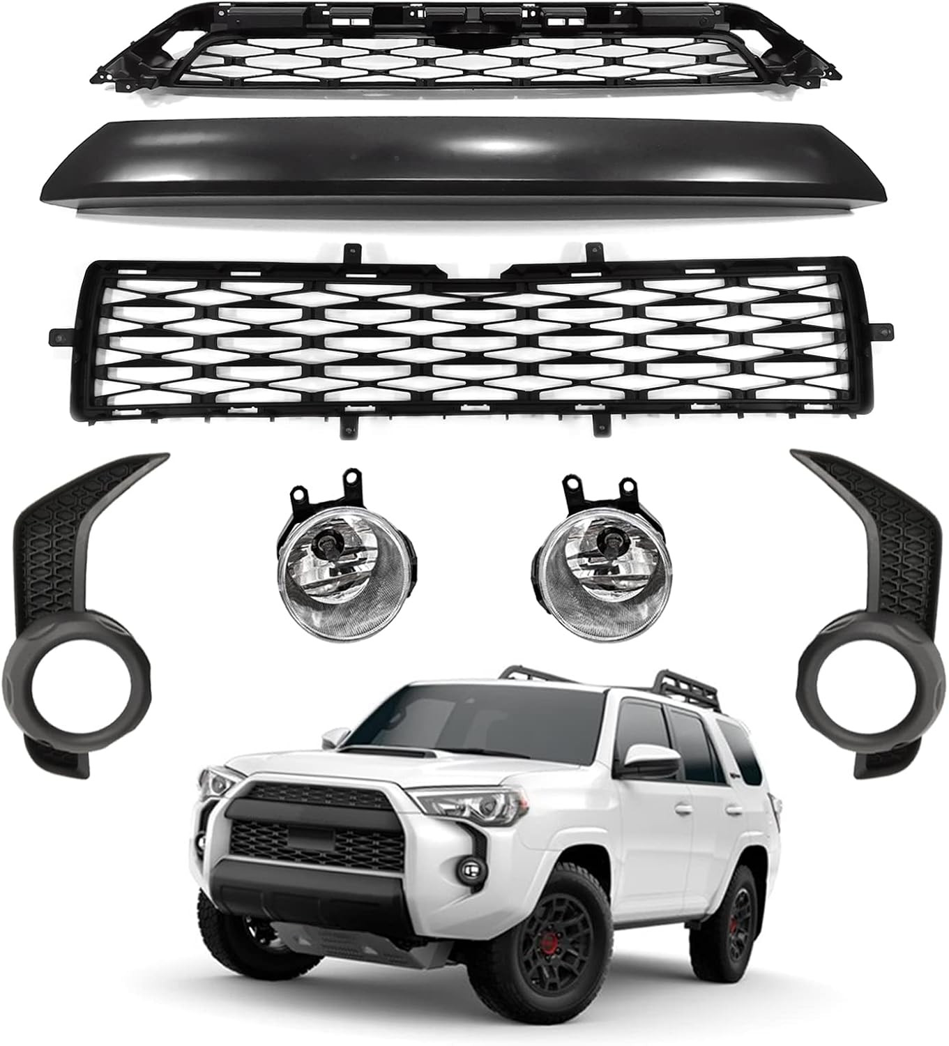 Front Bumper Upper & Lower Grille Assembly + Fog Lights Suit Fit for 2014-2019 T Front Bumper Upper & Lower Grille Assembly + Fog Lights Suit Fit for 2014-2019 T