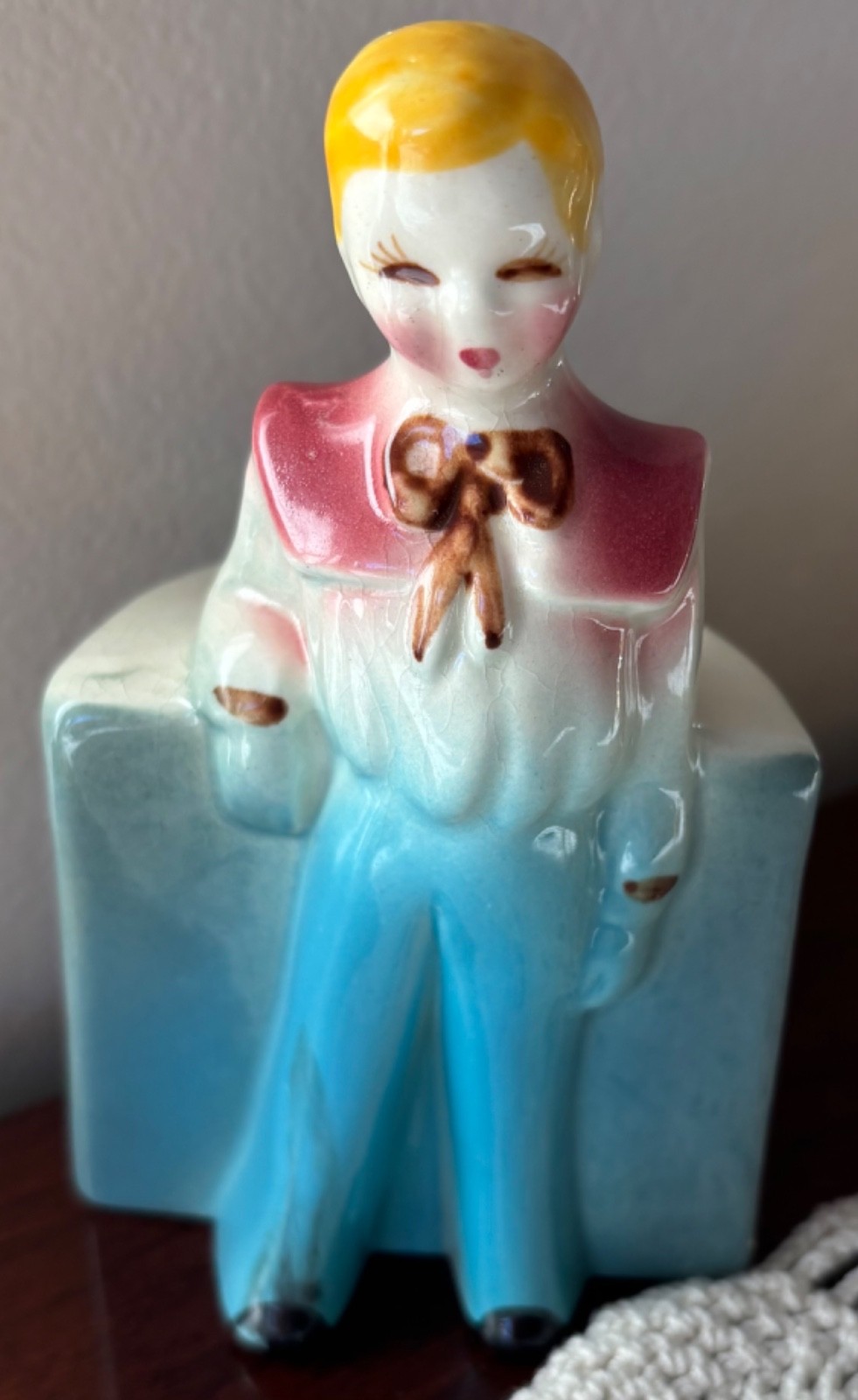 Vintage MCM Ceramic Boy Figurine Planter Blue/Green Sailor 