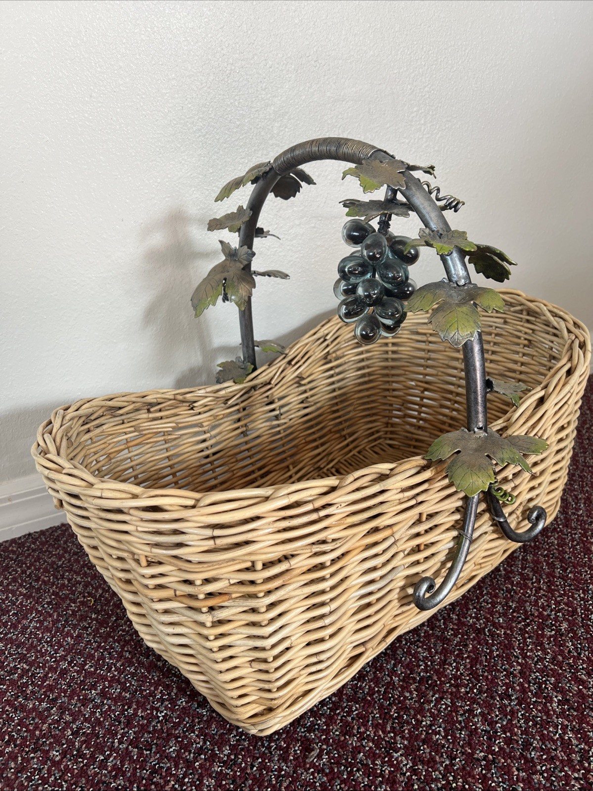 Vintage Large Wicker Basket With Metal Handle Glass Grapes Metallic Leaves