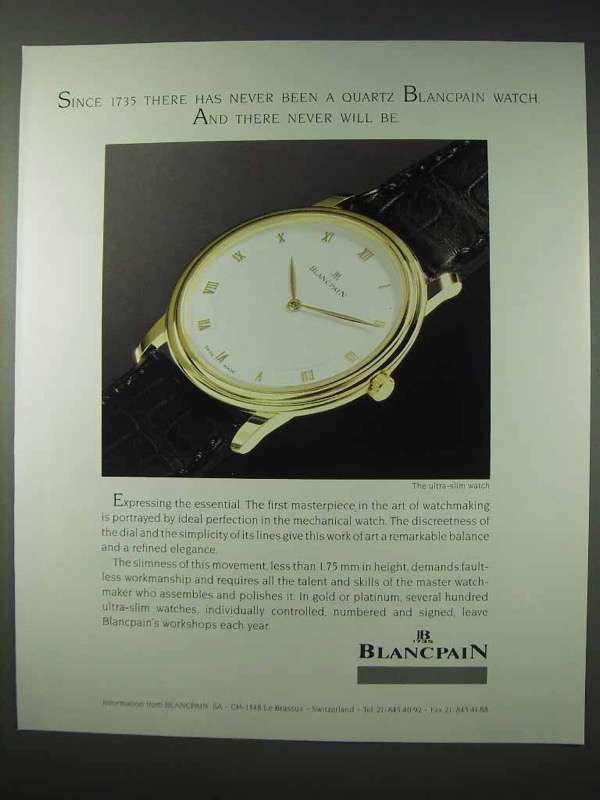 1991 Blancpain Ultra-slim Watch Ad - Never Been Quartz
