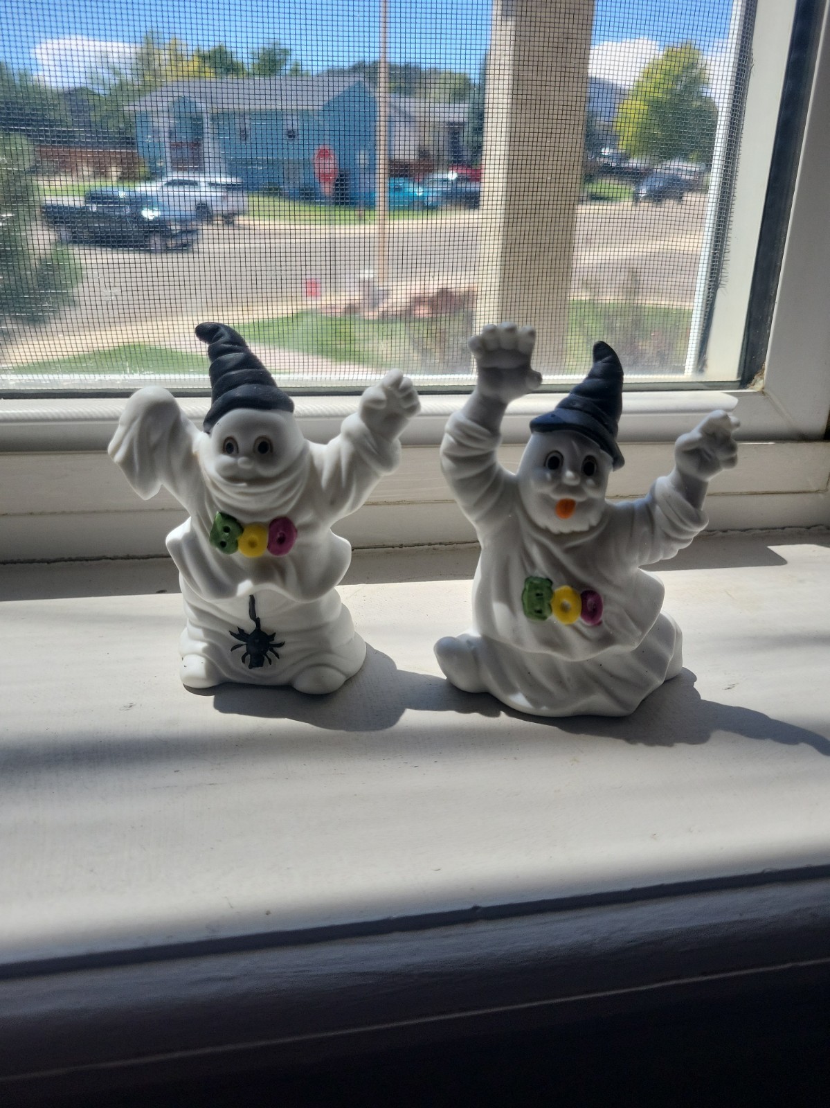 Two 1980's Ghosts Porcelain Halloween Figurines With Boo And A Spider