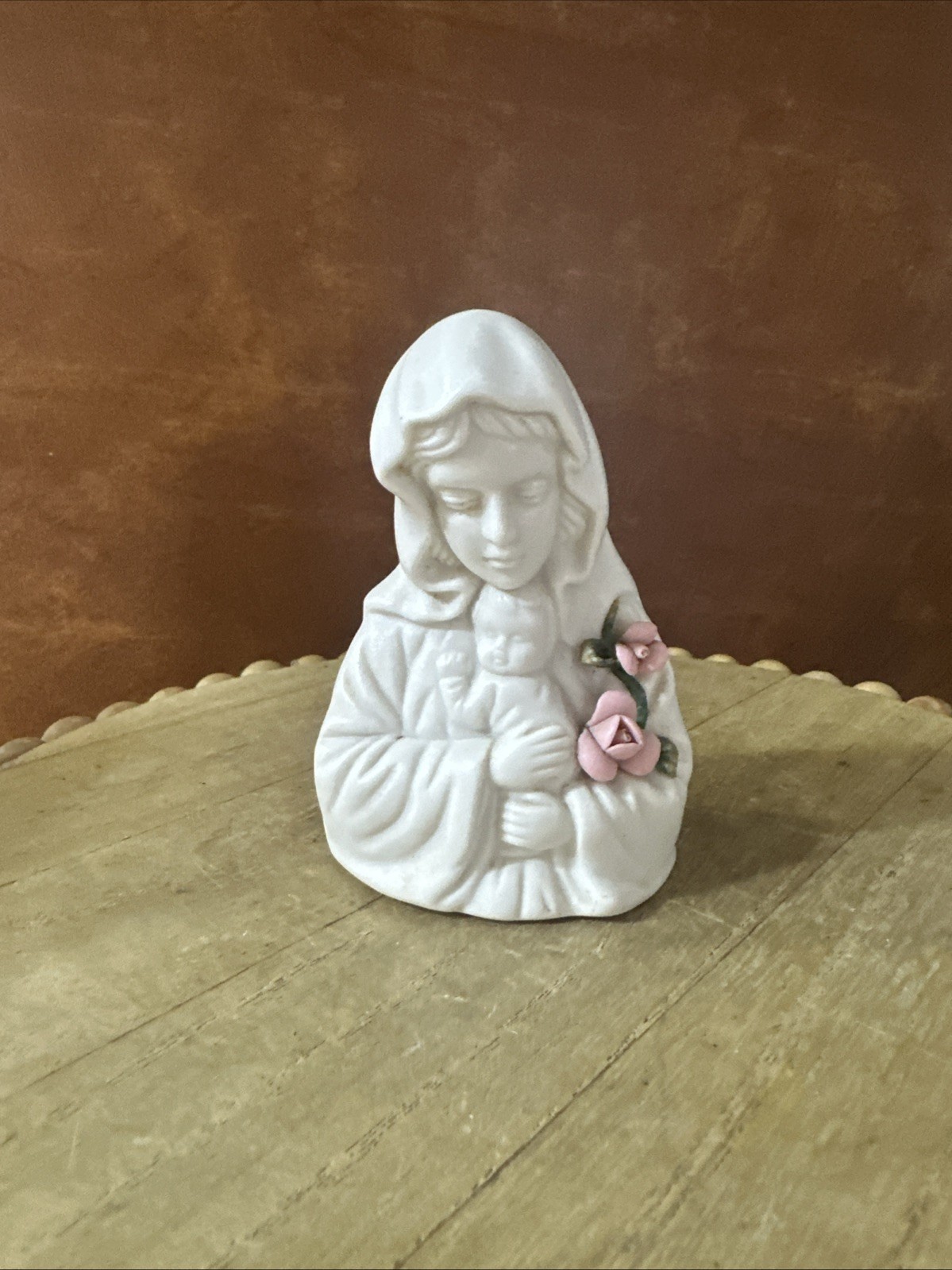 Madonna And Child By Autom - White Bisque Porcelain With Pink Flowers Figurine Madonna And Child By Autom - White Bisque Porcelain With Pink Flowers Figurine