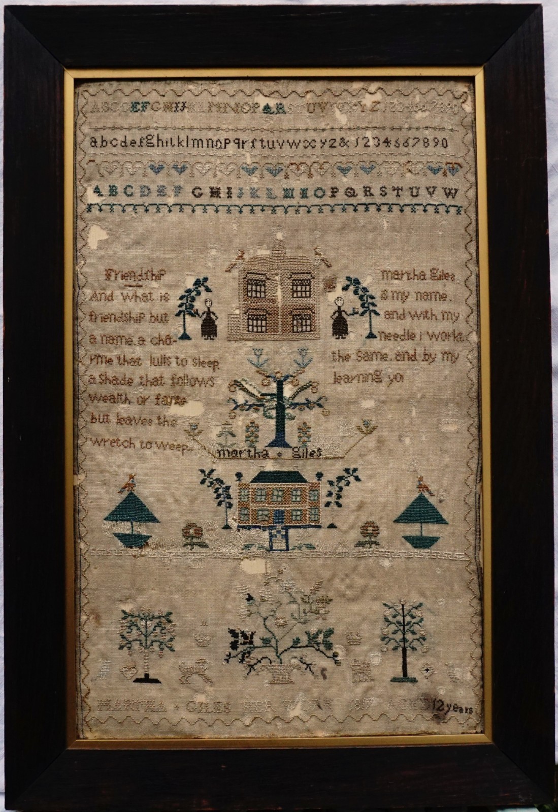 EARLY 19TH CENTURY DOUBLE HOUSE, MOTIF & VERSE SAMPLER BY MARTHA GILES - 1819