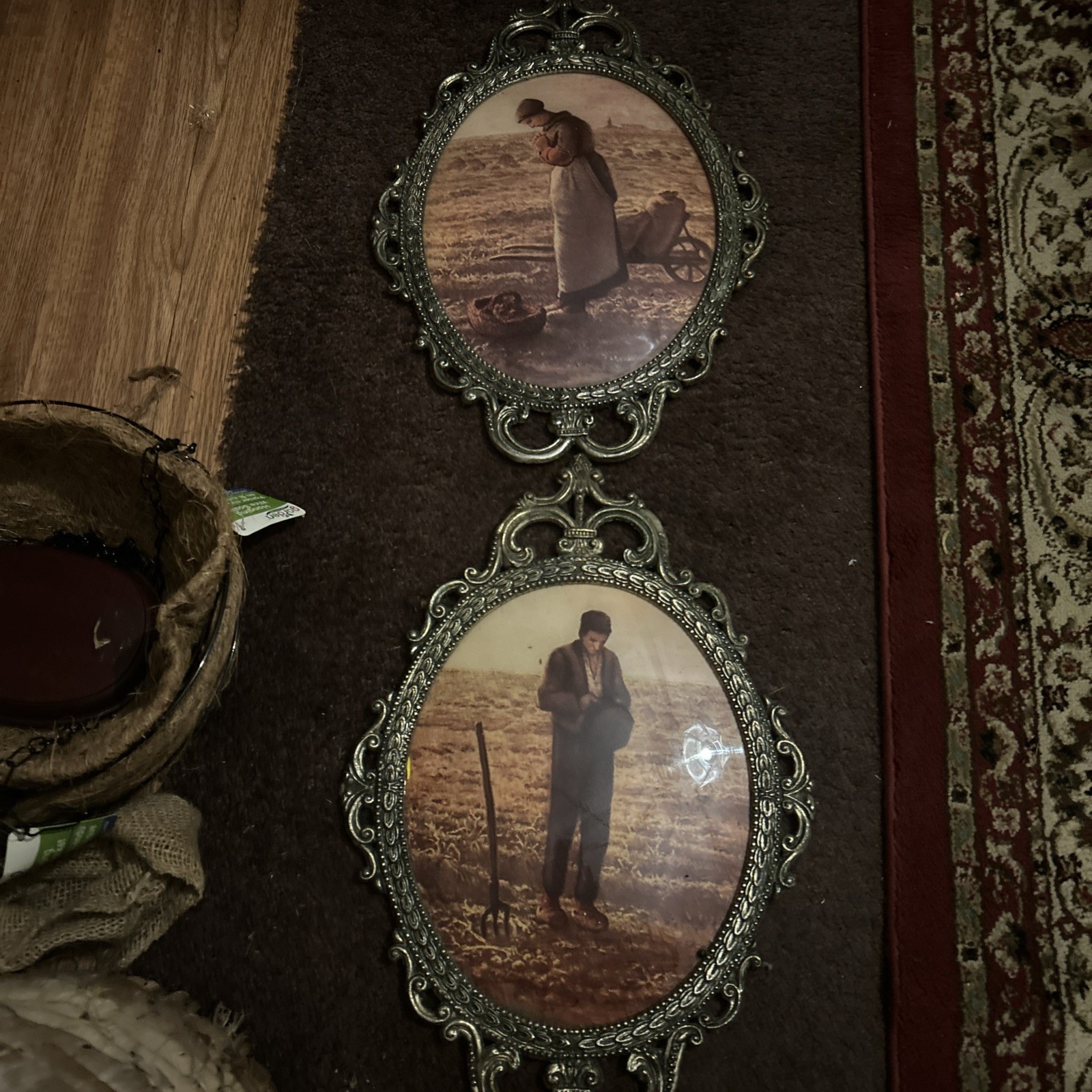 Vintage Pair of Oval Metal Brass Picture Frame/Bubble Glass/Praying Farmer