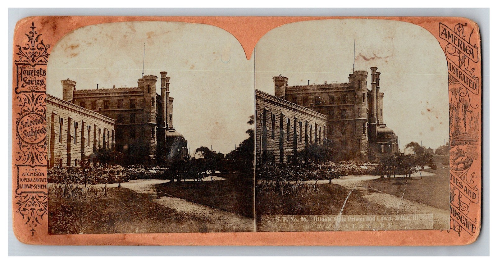 c1890 Santa Fe Railroad stereoview Joliet Illinois State Prison Penitentiary